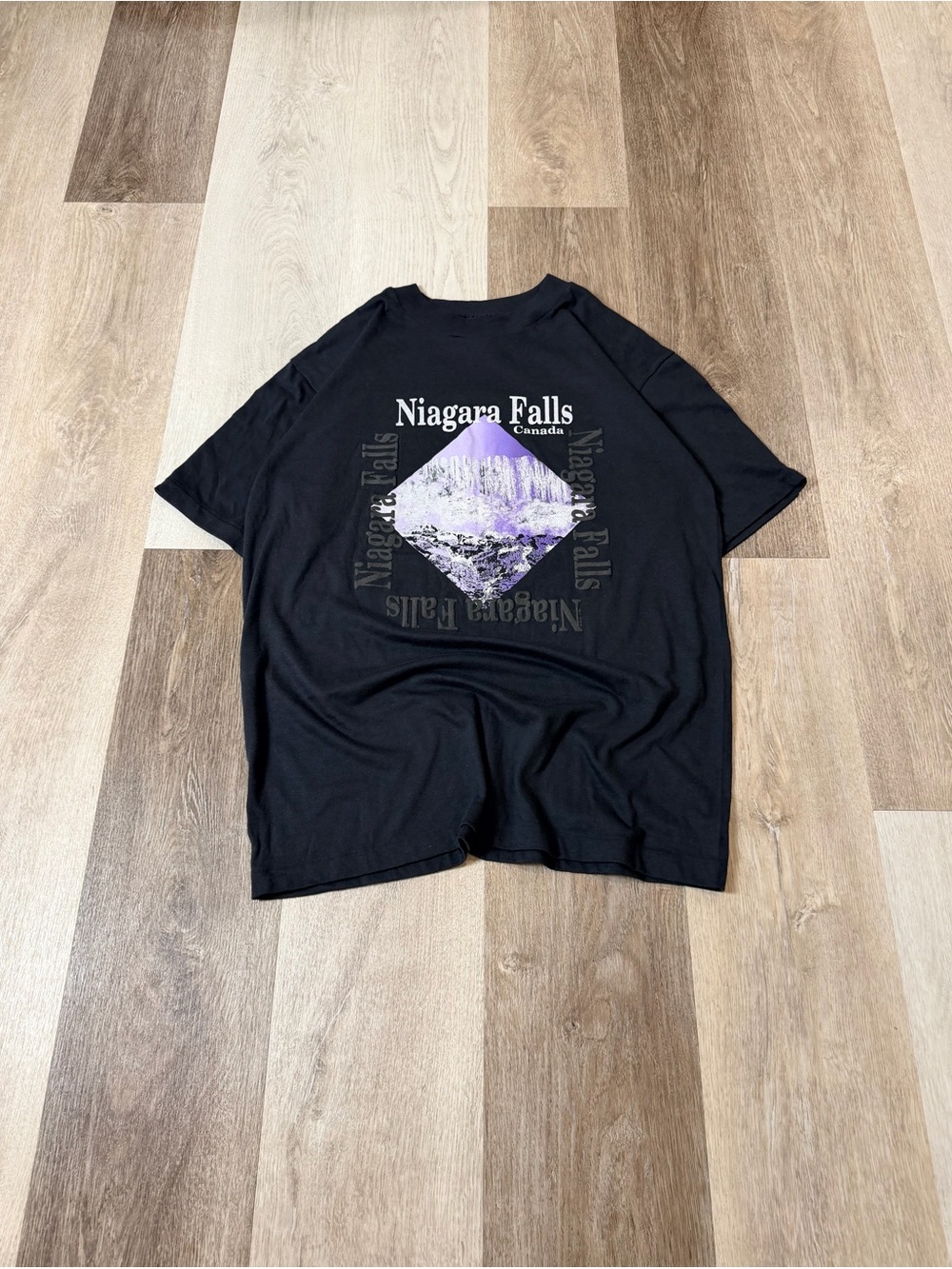 Vintage 90s Niagara Falls Graphic T-Shirt in Black with Purple Accent